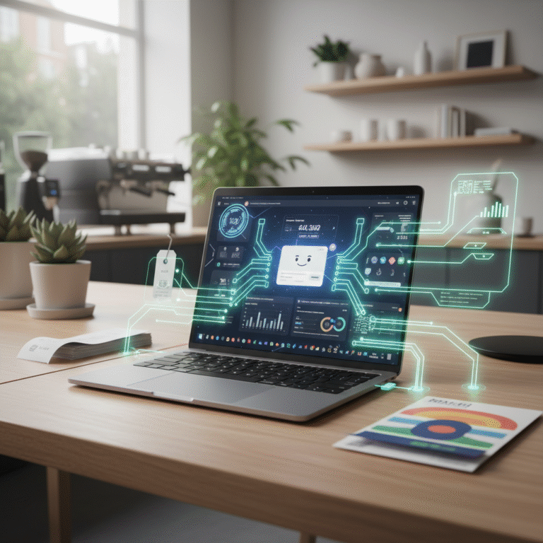 This image captures a laptop on a minimalist desk within a small business setting, showcasing AI automation in action.