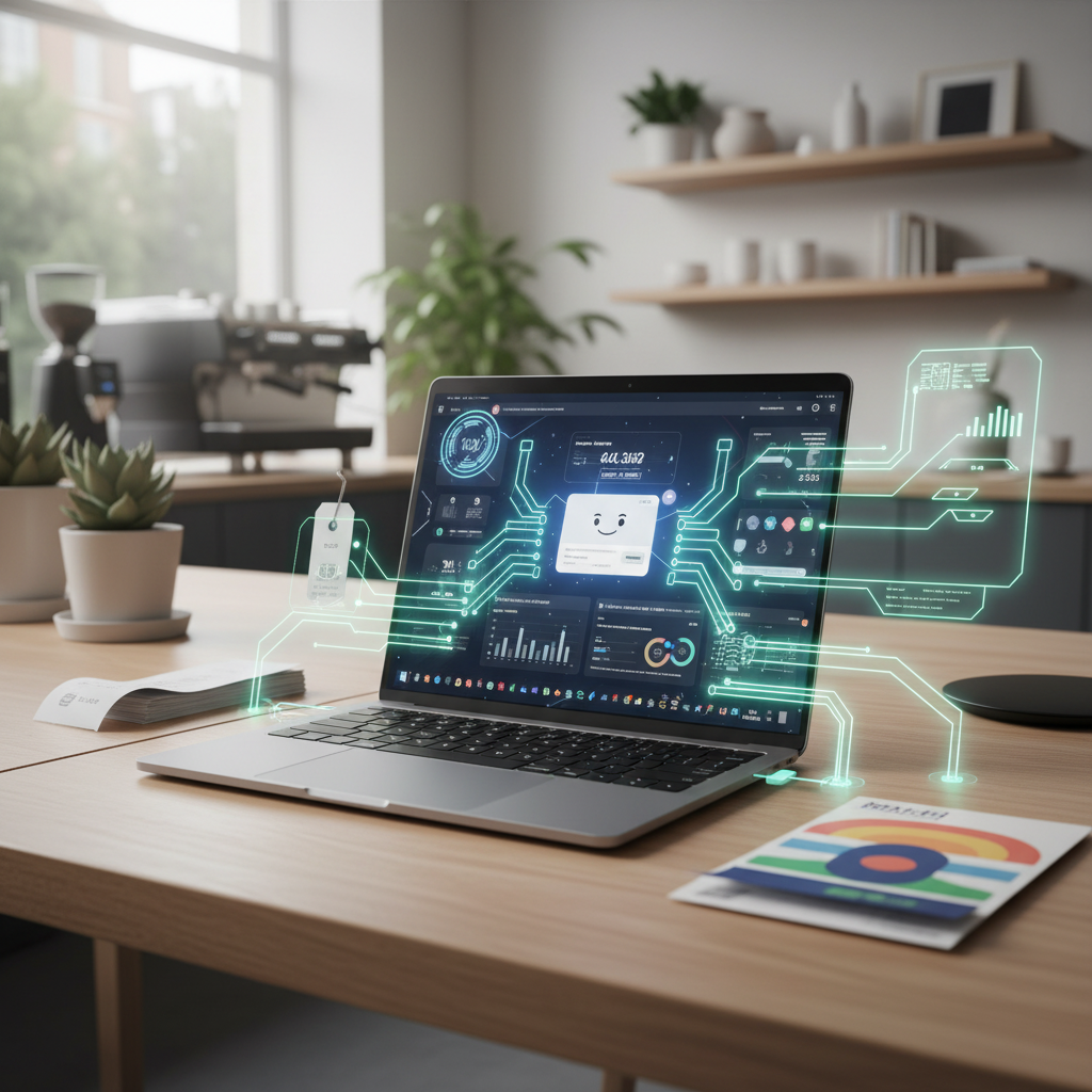 This image captures a laptop on a minimalist desk within a small business setting, showcasing AI automation in action.