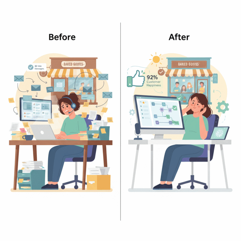 This split-screen illustration shows the before and after of a small business customer service operation.