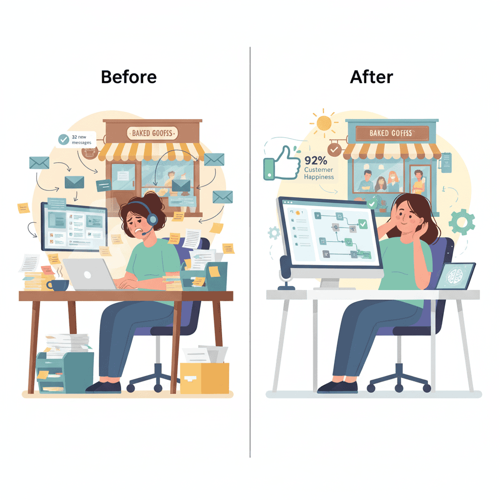 This split-screen illustration shows the before and after of a small business customer service operation.