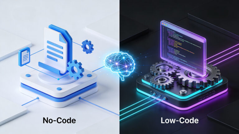 Split-screen composition showing a simple drag-and-drop interface on the left and a code-enhanced sleek interface on the right, connected by a glowing AI brain, 3D style