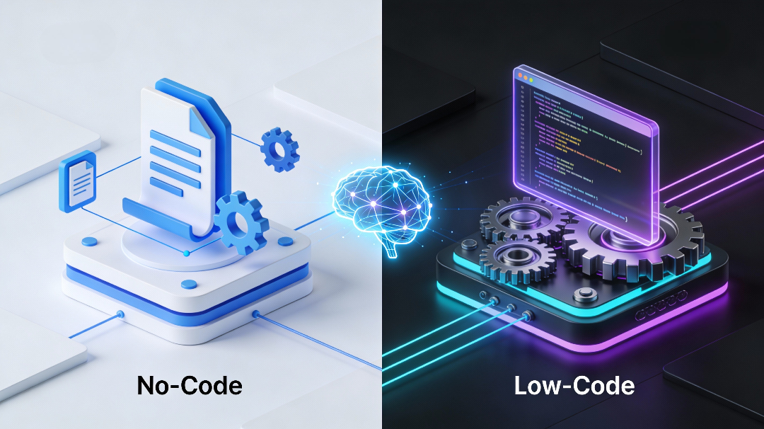 Split-screen composition showing a simple drag-and-drop interface on the left and a code-enhanced sleek interface on the right, connected by a glowing AI brain, 3D style