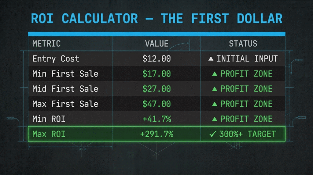 ROI calculator table showing $12 Quick Vault entry cost vs $17–$47
first sale profit zone for beginners starting an online business with AI
