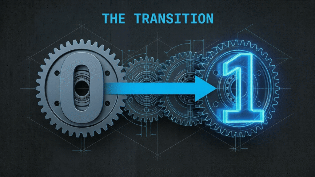 Mechanical gear system converting 0 to 1, representing the first dollar
online milestone in an AI income for beginners blueprint
