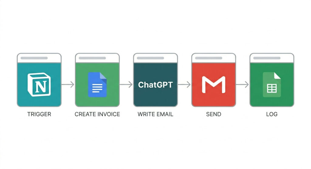 Flat-style illustration of a five-step Make.com invoice automation scenario connecting Notion, Google Docs, ChatGPT, Gmail, and Google Sheets with arrows.