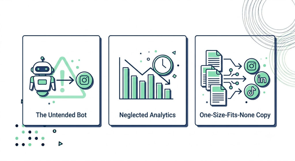 A three-panel vector illustration showing the three biggest social media automation mistakes for small businesses — skipping human review, ignoring analytics, and using the same caption across all platforms — each depicted as a distinct visual warning icon.