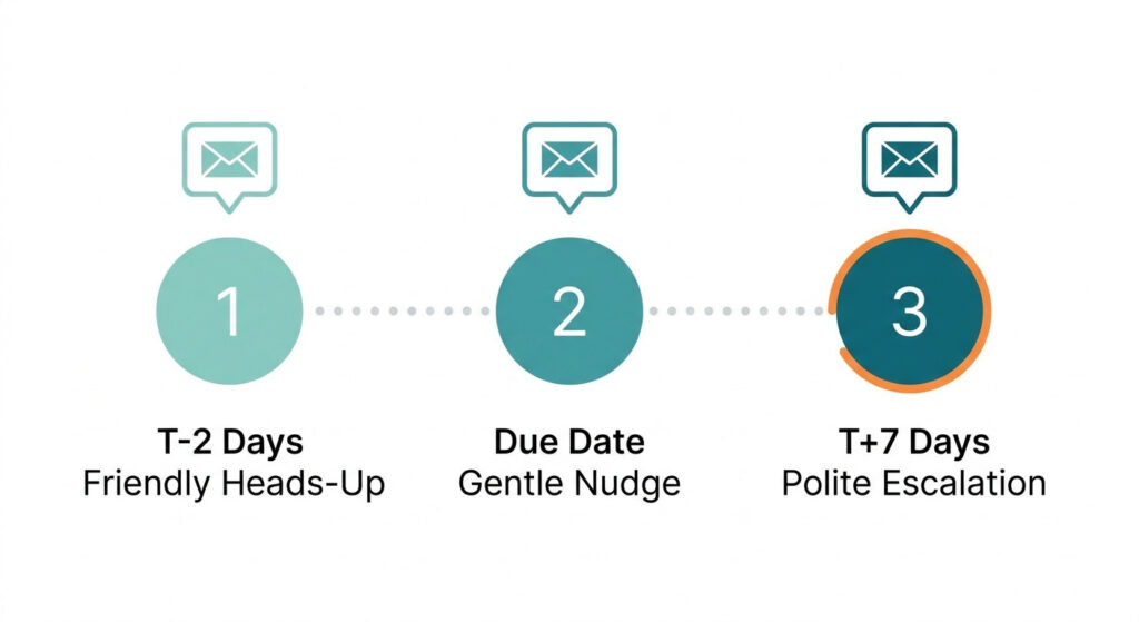 Flat-style timeline illustration showing a 3-touch automated payment reminder sequence: friendly heads-up at T-minus 2 days, gentle nudge on the due date, and polite escalation at 7 days overdue.