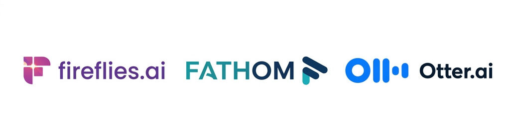 The official logos of the three best AI meeting note tools in 2026: Fireflies.ai, Fathom, and Otter.ai, displayed side by side for comparison.