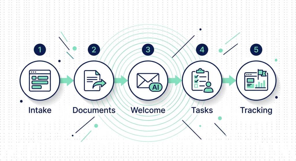 Flat vector diagram of a five-stage AI onboarding workflow showing connected nodes for Intake, Documents, Welcome, Tasks, and Tracking on a white background.