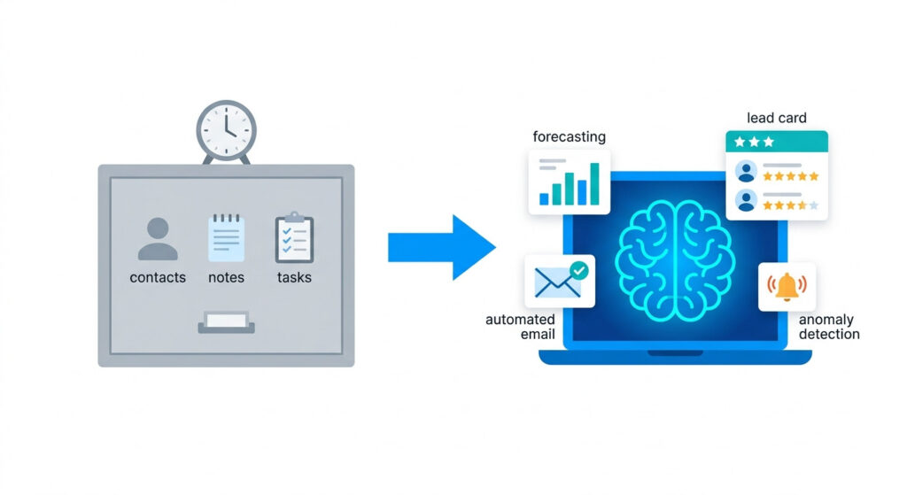 Flat illustration comparing a traditional static CRM filing system to an AI-powered CRM platform with lead scoring, email automation, forecasting, and anomaly detection features.