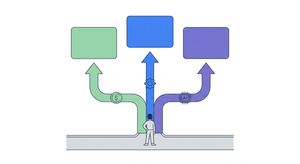 Flat illustration showing a small business owner at a three-way decision fork choosing between budget-first, feature-first, and AI-native HubSpot alternative CRM platforms in 2026.