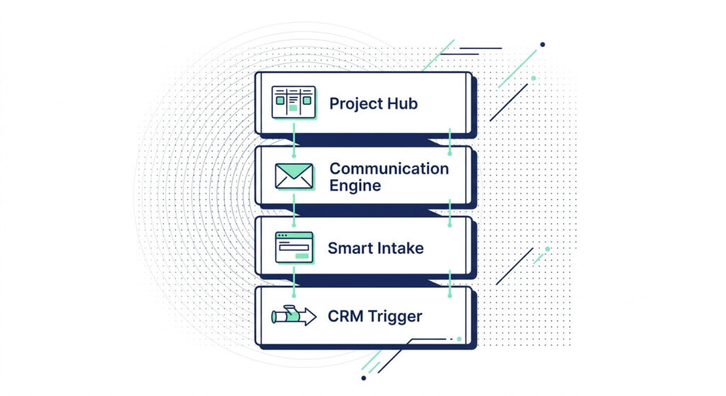 Flat vector illustration of a four-layer AI client onboarding tool stack showing CRM Trigger, Smart Intake, Communication Engine, and Project Hub as connected stacked panels on a white background.
