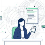 A vector illustration of a solopreneur at a desk with a half-filled notebook, while an AI interface automatically generates structured meeting notes and action items above them.