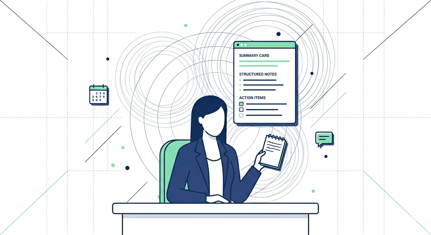 A vector illustration of a solopreneur at a desk with a half-filled notebook, while an AI interface automatically generates structured meeting notes and action items above them.