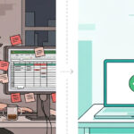 Flat illustration showing a small business owner overwhelmed by manual invoicing on the left, contrasted with a clean automated invoicing workflow on the right.