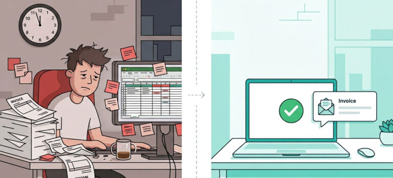 Flat illustration showing a small business owner overwhelmed by manual invoicing on the left, contrasted with a clean automated invoicing workflow on the right.