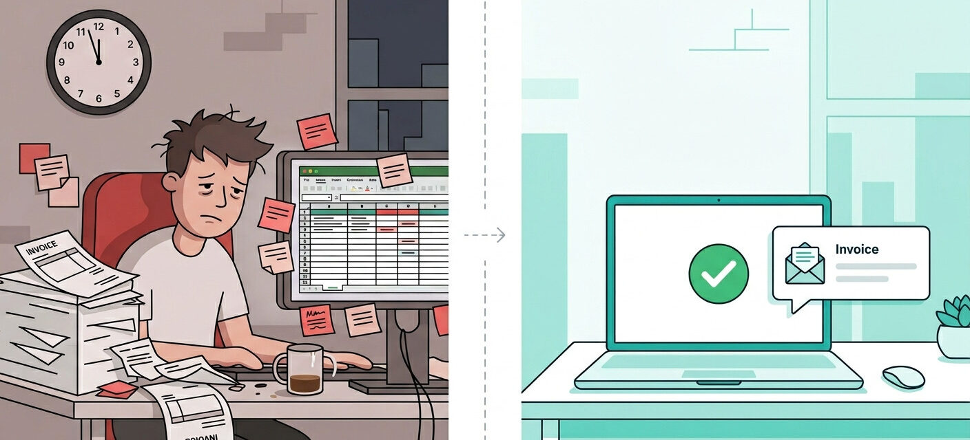 Flat illustration showing a small business owner overwhelmed by manual invoicing on the left, contrasted with a clean automated invoicing workflow on the right.