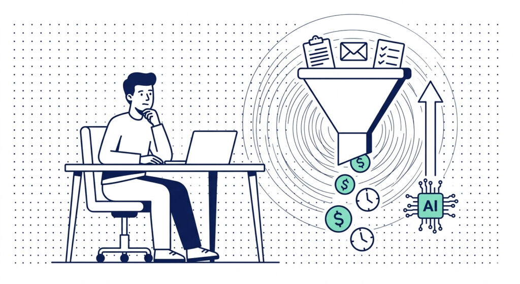 Flat vector illustration of a manual client onboarding funnel leaking time and money, with an AI workflow node indicating the automation fix, on a white background.