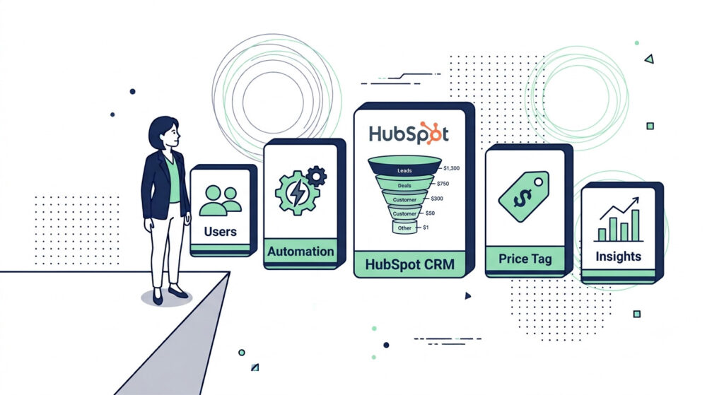 Illustration of a small business owner comparing five CRM platform options on floating tiles representing HubSpot, Zoho, Pipedrive, EngageBay, and Freshsales — HubSpot free CRM review 2026 comparison