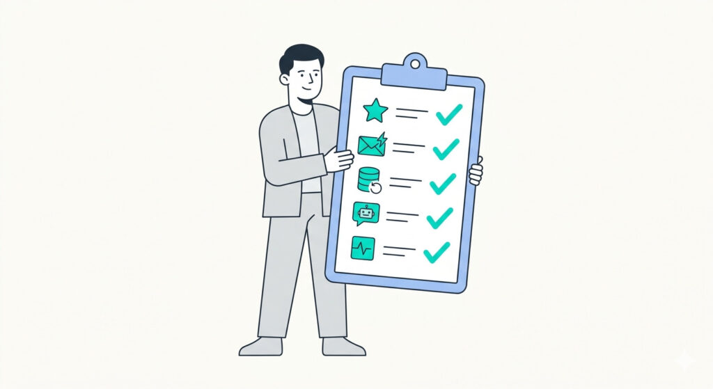 Flat illustration of a small business owner reviewing a five-point AI CRM feature checklist including lead scoring, email drafting, data enrichment, chatbot, and sales forecasting.