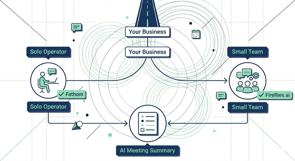 A decision-path illustration showing solo operators choosing Fathom and small teams choosing Fireflies.ai, both converging on structured AI meeting summaries as the output.