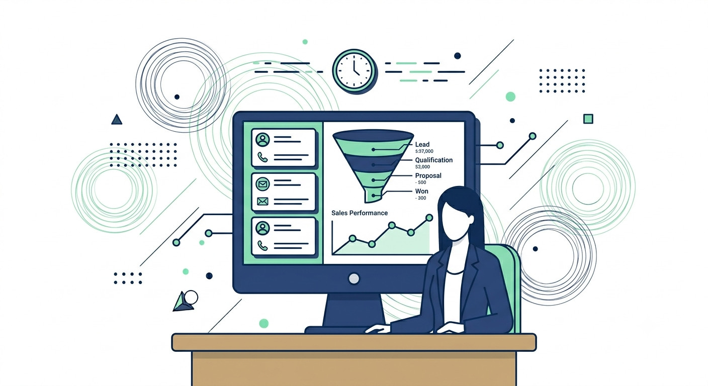 Small business owner reviewing HubSpot free CRM dashboard with a sales pipeline and contact management interface — HubSpot free CRM review illustration
