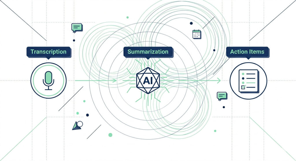 A three-step pipeline illustration showing how AI meeting tools move from live call transcription to NLP summarization to structured action-item extraction.