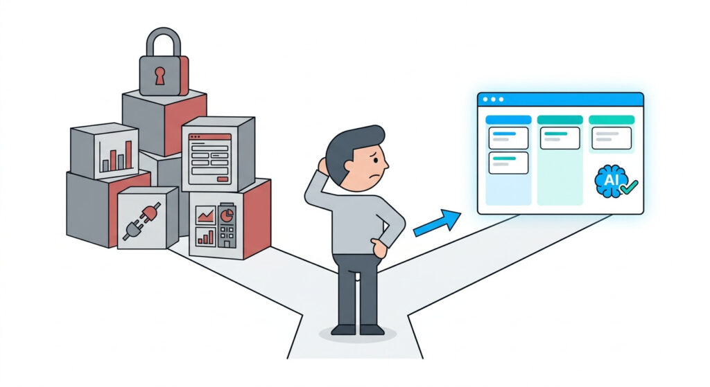 Flat illustration of a small business owner choosing between a feature-bloated enterprise CRM and a clean, AI-native small business CRM platform.
