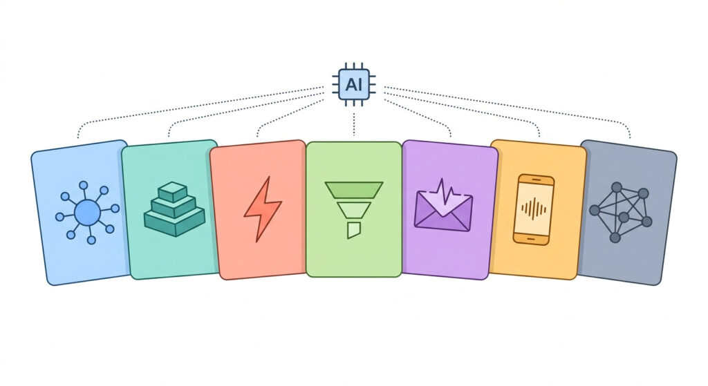 Flat illustration showing seven AI CRM tool cards being compared side by side for small business use in 2026, including HubSpot, Zoho CRM, Freshsales, Pipedrive, ActiveCampaign, Close, and Attio.