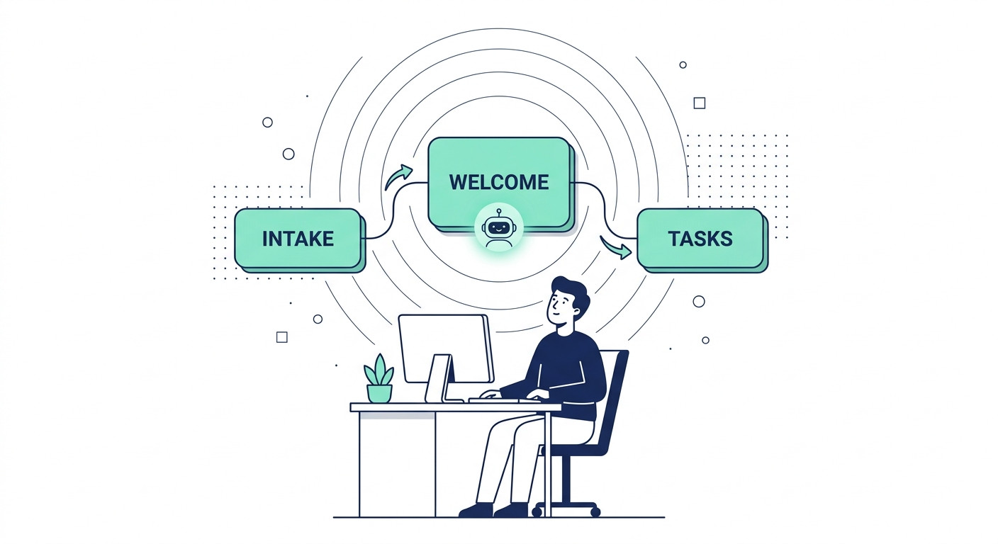 Flat vector illustration of an AI-powered client onboarding workflow showing three connected automation nodes — Intake, Welcome, and Tasks — above a solo founder's desk, on a white background.