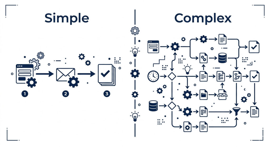 Comparison of simple linear Zapier workflow versus complex visual Make.com scenario