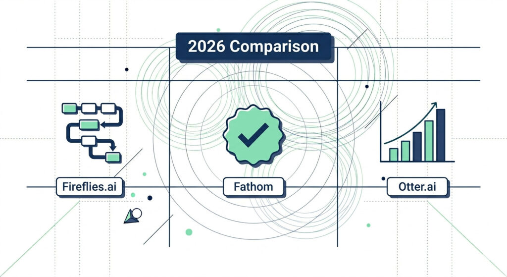 An abstract three-column comparison illustration representing Fireflies.ai for CRM automation, Fathom for unlimited free recording, and Otter.ai for high-accuracy transcription in 2026.