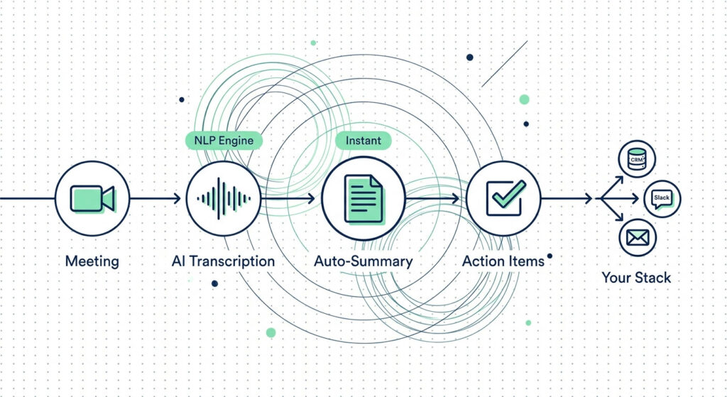 A clean left-to-right horizontal pipeline diagram with five sequential nodes connected by thin directional arrows. Node 1: a video camera icon inside a minimal circle labeled "Meeting." Node 2: a waveform/soundwave icon labeled "AI Transcription." Node 3: a document with lines icon labeled "Auto-Summary." Node 4: a checkmark list icon labeled "Action Items." Node 5: a three-way split — a small CRM database icon, a chat bubble icon (Slack), and an envelope icon (Email) — grouped under a shared label "Your Stack." All five nodes sit on a single horizontal axis. Below the pipeline, a subtle horizontal baseline connects all nodes. Above nodes 2 and 3, small floating accent tags read "NLP Engine" and "Instant" respectively, rendered in mint green. Abstract concentric wireframe circles radiate outward from Node 3 (the Auto-Summary node) as the visual focal point. Fine dot-grid lines cover the full background. All icons are flat, geometric, uniform weight. No gradients, no drop shadows. Restricted navy blue and mint green palette only.