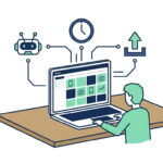 A small business owner's desk showing an AI-powered social media content calendar on a laptop screen, illustrating how to automate social media scheduling for small business with connected AI workflow icons.