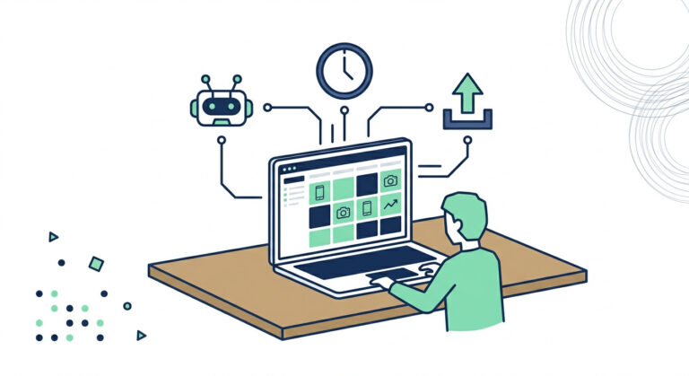 A small business owner's desk showing an AI-powered social media content calendar on a laptop screen, illustrating how to automate social media scheduling for small business with connected AI workflow icons.