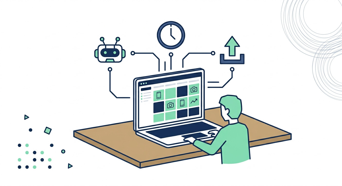 A small business owner's desk showing an AI-powered social media content calendar on a laptop screen, illustrating how to automate social media scheduling for small business with connected AI workflow icons.