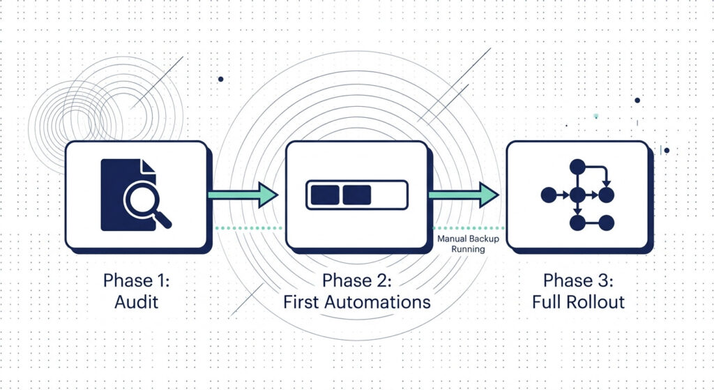 Flat vector illustration of a three-phase AI onboarding implementation roadmap showing Audit, First Automations, and Full Rollout stages connected by arrows with a parallel manual backup path, on a white background.
