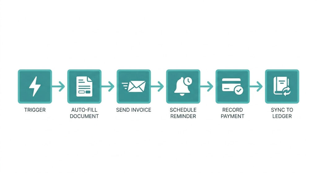 Flat-style illustration of a six-zone automated invoicing pipeline showing trigger, invoice creation, delivery, payment reminder, payment logging, and accounting sync connected by arrows.