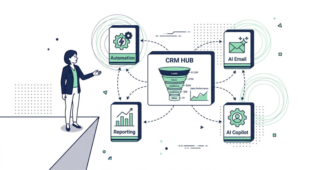 Illustration of a hub-and-spoke AI automation stack built around HubSpot's free CRM, showing connections to Zapier automation, AI email tools, Looker Studio reporting, and AI Copilot for small business