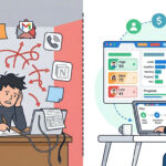 Flat illustration comparing a small business owner's manual, cluttered workflow to a clean, AI-automated CRM pipeline dashboard.