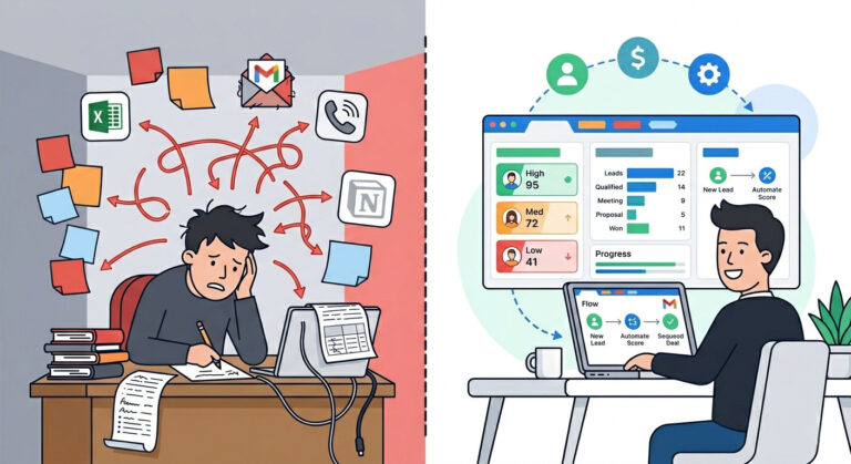 Flat illustration comparing a small business owner's manual, cluttered workflow to a clean, AI-automated CRM pipeline dashboard.