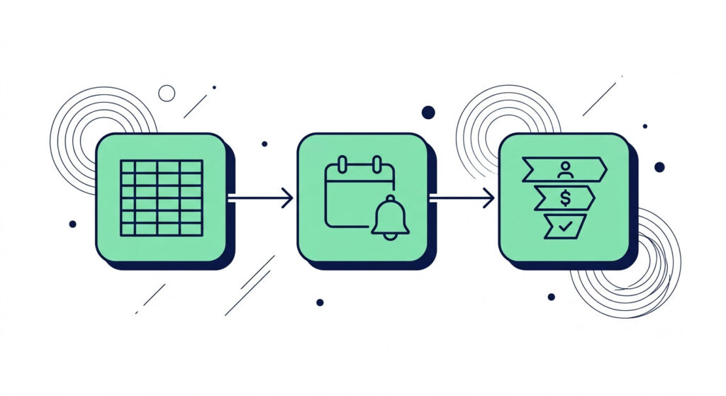 Illustration showing three tools in sequence - spreadsheet, calendar, and CRM - used to build an automated lead follow up workflow.