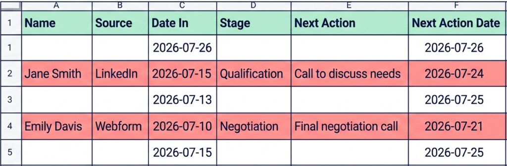 Screenshot of a Google Sheets lead tracker with a highlighted overdue follow-up date, showing the manual reminder step before automation.