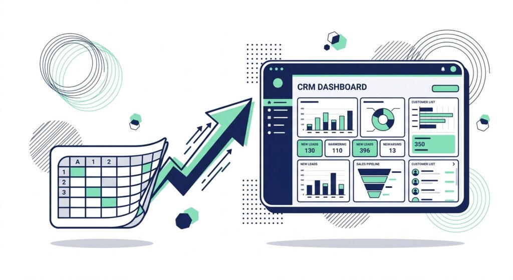 Illustration of a spreadsheet growing into a full CRM dashboard, symbolizing when to upgrade from a Google Sheets CRM template.