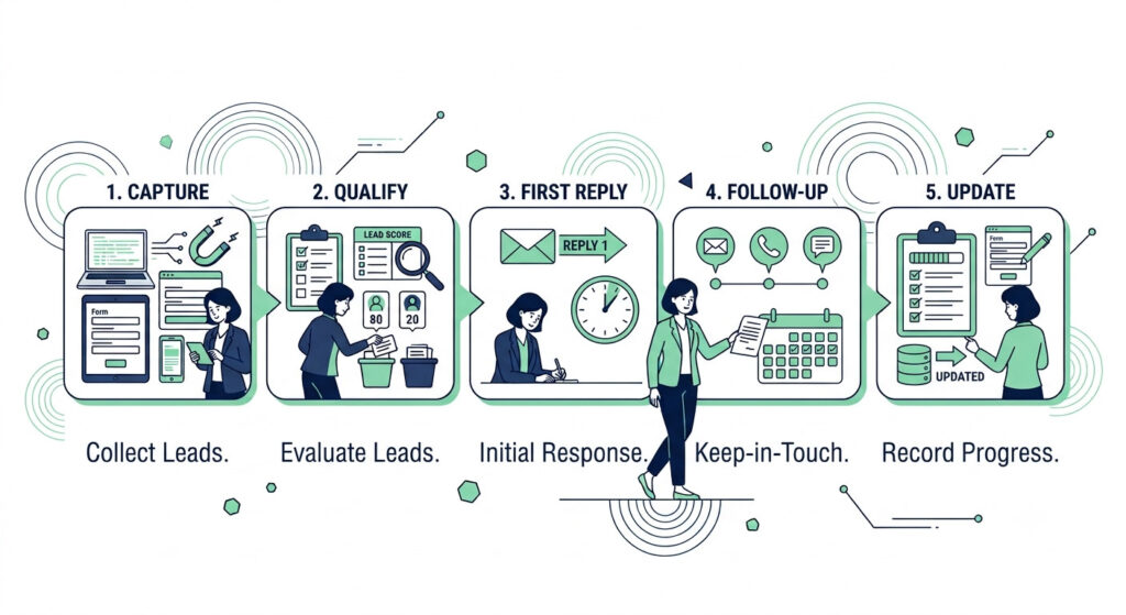 Small business owner following a 5-step lead management for small business process