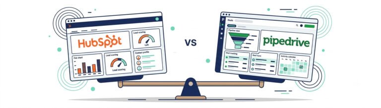 Illustration comparing HubSpot vs Pipedrive CRM dashboards on a balance scale for small business decision-making
