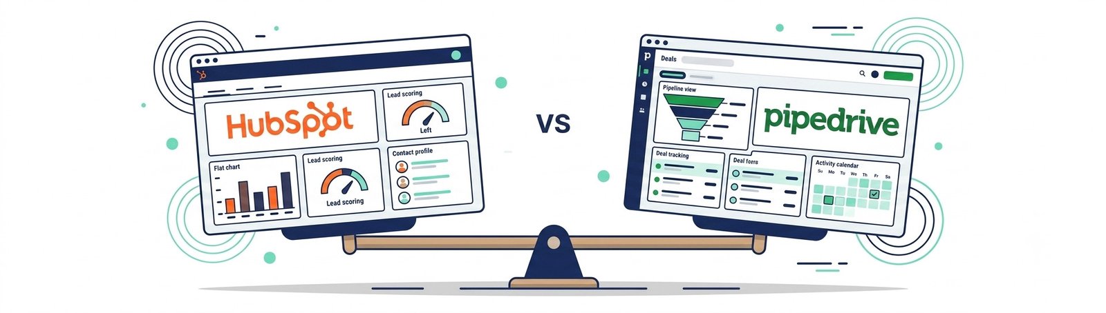 Illustration comparing HubSpot vs Pipedrive CRM dashboards on a balance scale for small business decision-making