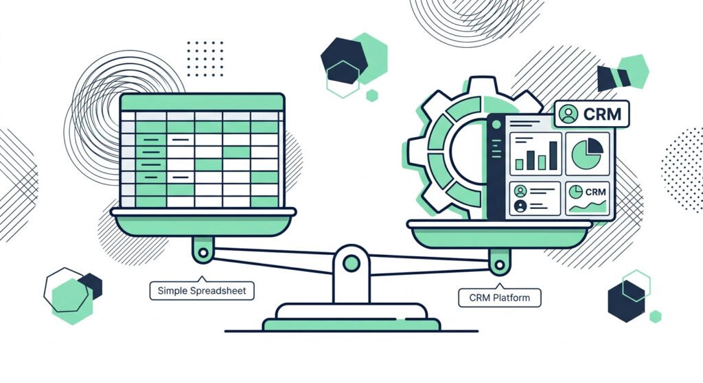 Illustration of a balance scale weighing the pros and cons of using a Google Sheets CRM template versus a dedicated CRM tool.