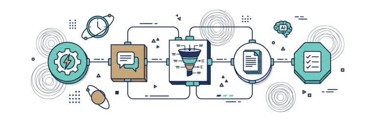 Vector illustration of AI workflow automation tools connecting business apps and data nodes