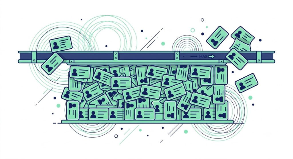 Illustration of contact cards overflowing past a capped ceiling line, representing HubSpot's free plan contact and user limits